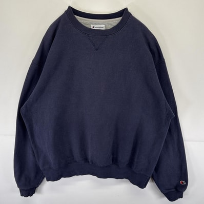 古着 チャンピオン Champion スウェット プルオーバー トレーナー 目無し 前V 無地 クルーネック XL ネイビー メンズ