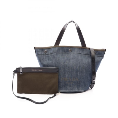 プラダ PRADA DENIM+CITY CALF 2WAY トートバッグ バッグ デニム レザー レディース ネイビー系 / カーキ系 / ブラック系 【中古】