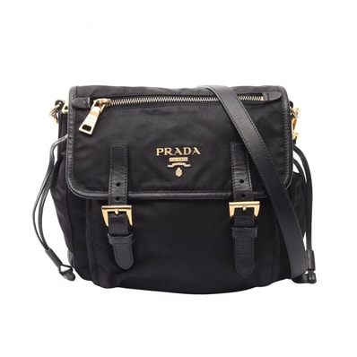 プラダ PRADA ロゴ ショルダーバッグ バッグ ナイロン サフィアーノレザー レディース ブラック系 【中古】