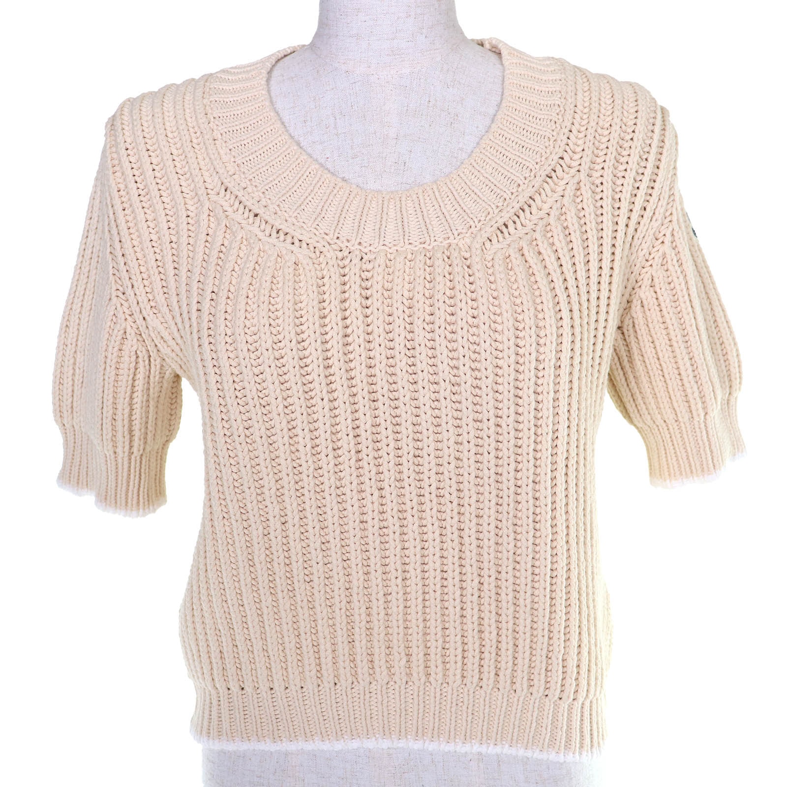 極美品 モンクレール ロゴワッペン 半袖ニット コットン ベージュ S