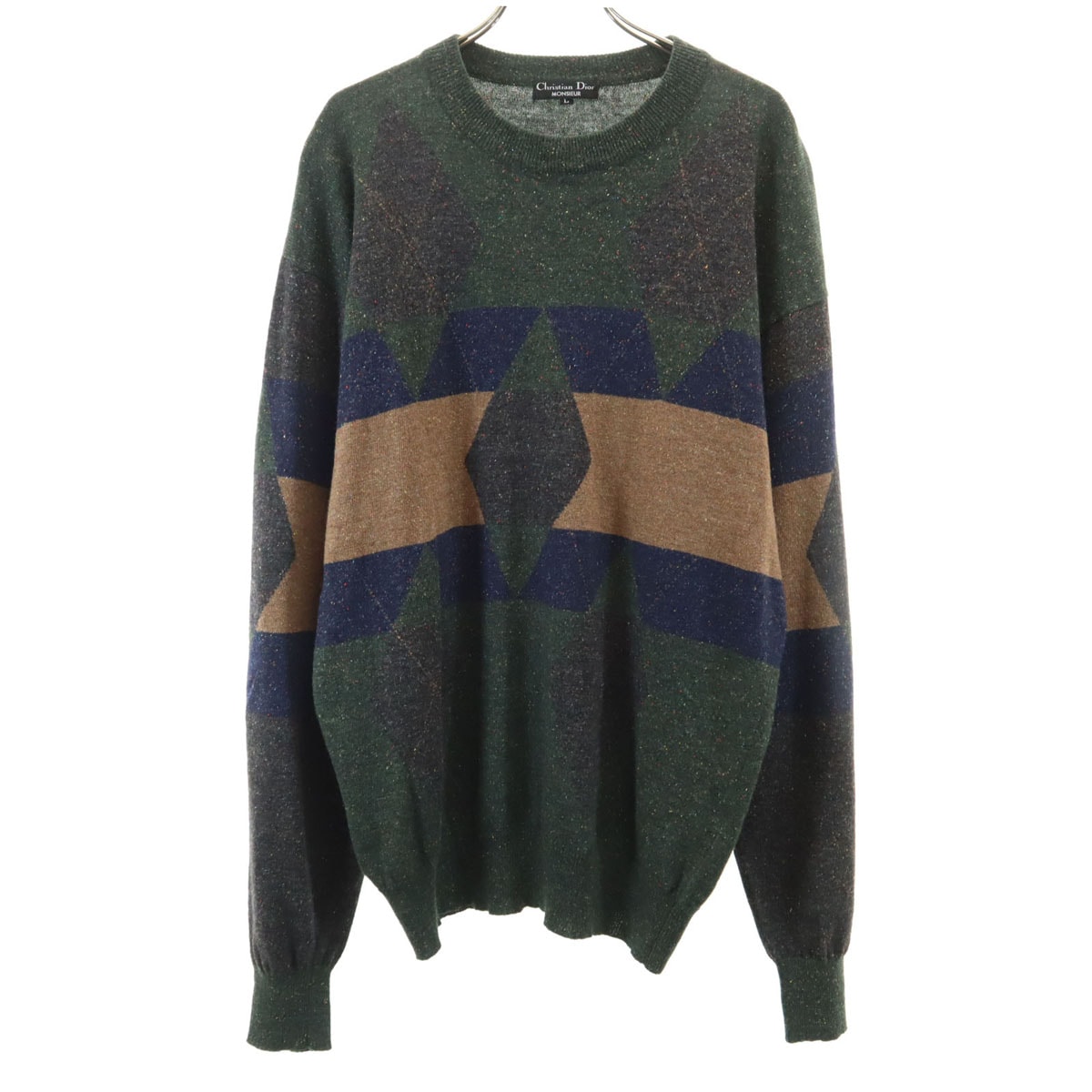 美品 Christian Dior MONSIEUR クリスチャンディオール ムッシュ 90s オールド アーガイル柄 長袖 ニット L 深緑 セーター