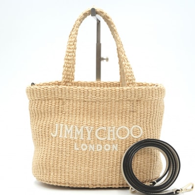 JIMMY CHOO(ジミーチュウ)ロゴ トートバッグ 2WAY ショルダーバッグ ラフィア風 ナチュラル ロゴ刺繍 レディース イタリア製【中古】