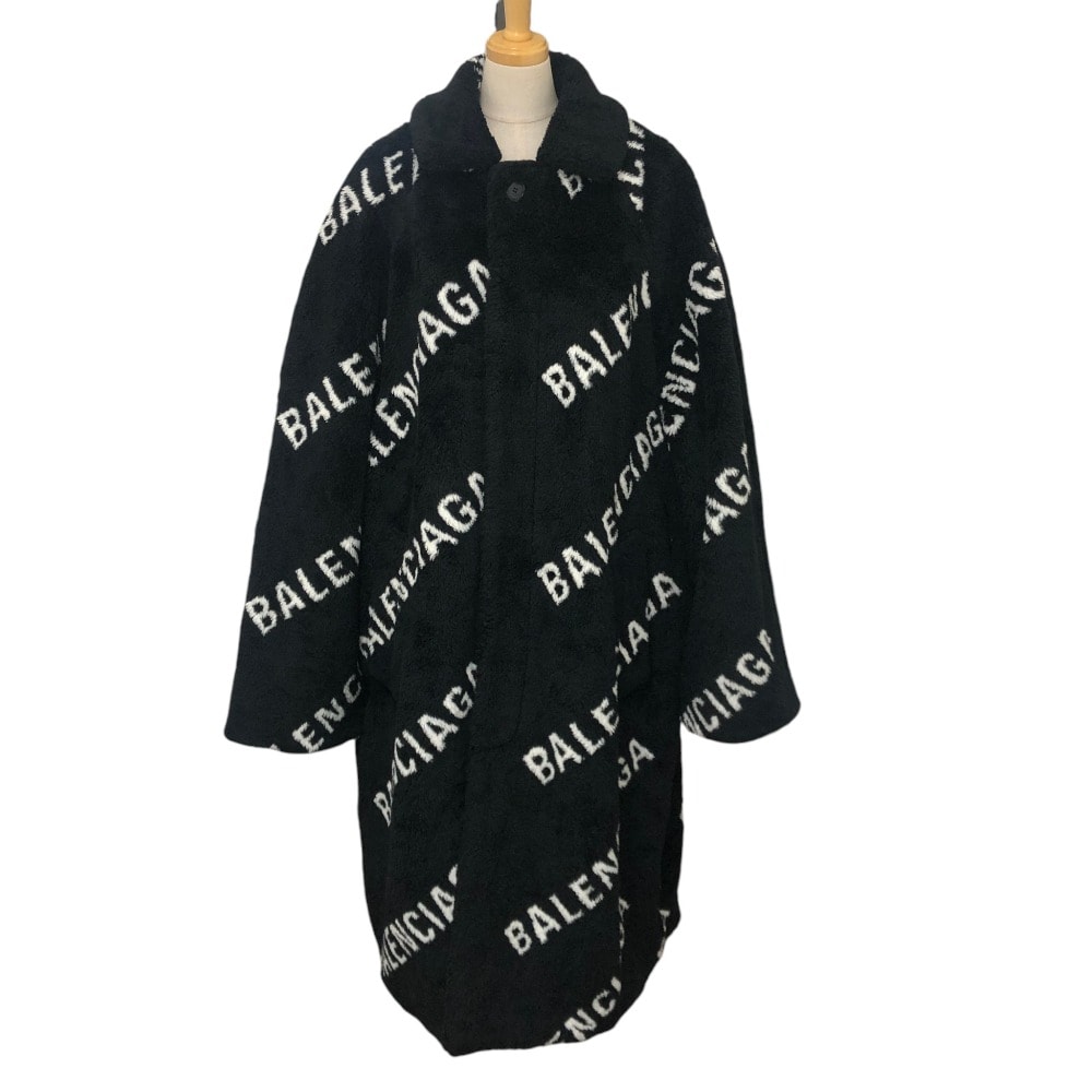 バレンシアガ BALENCIAGA ロゴ総柄 オーバーサイズ 595827 フェイクファー アパレル アウター ロングコート アクリル ブラック