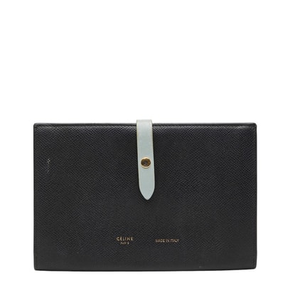 セリーヌ ラージ ストラップ ウォレット 二つ折り 長財布 ブラック ブルー系 レザー レディース CELINE 【中古】