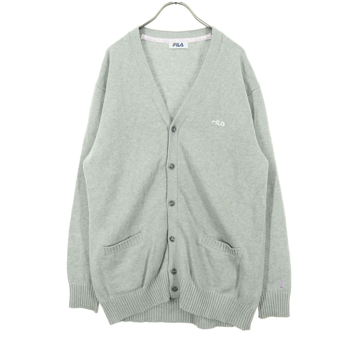 FILA フィラ ロゴ刺繍 長袖 Vネック カーディガン F ライトグレー EAST BOY コラボ