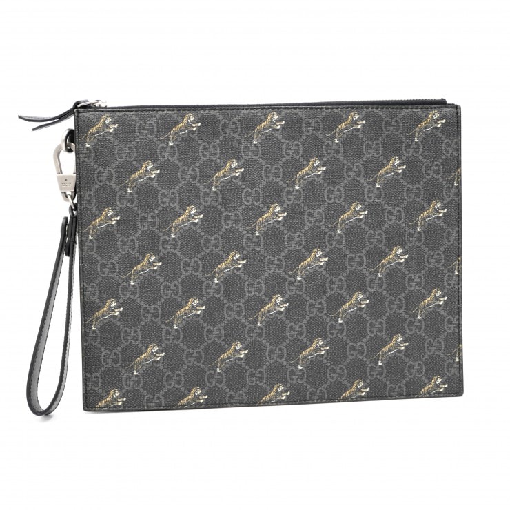 GUCCI(グッチ)GGスプリーム タイガープリント クラッチバッグ セカンドバッグ ポーチ ブラック PVC レザー メンズ 【中古】