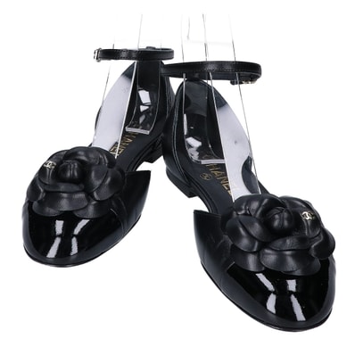 シャネル 美品 24P G45497 カメリア メリージェーン ストラップフラットパンプス 37C