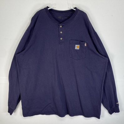 古着 カーハート Carhartt 長袖Tシャツ FR 難燃素材 大きいサイズ ヘンリーネック 2XL ネイビー 無地 メンズ