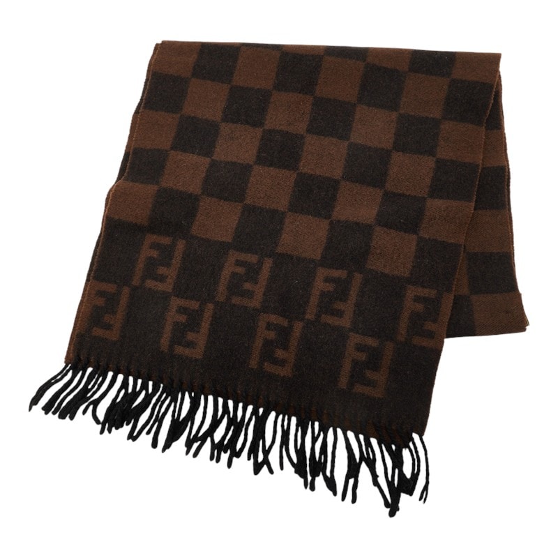 フェンディ ズッカ チェッカーボード マフラー ブラウン ブラック ウール レディース FENDI 中古