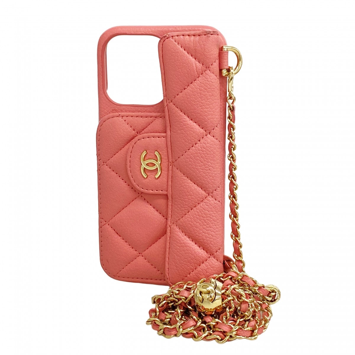 ★SALE【6cd4911-k】シャネル アイホンケース マトラッセ チェーンショルダー キャビアスキン ピンク シャンパンゴールド金具【中古】レディース