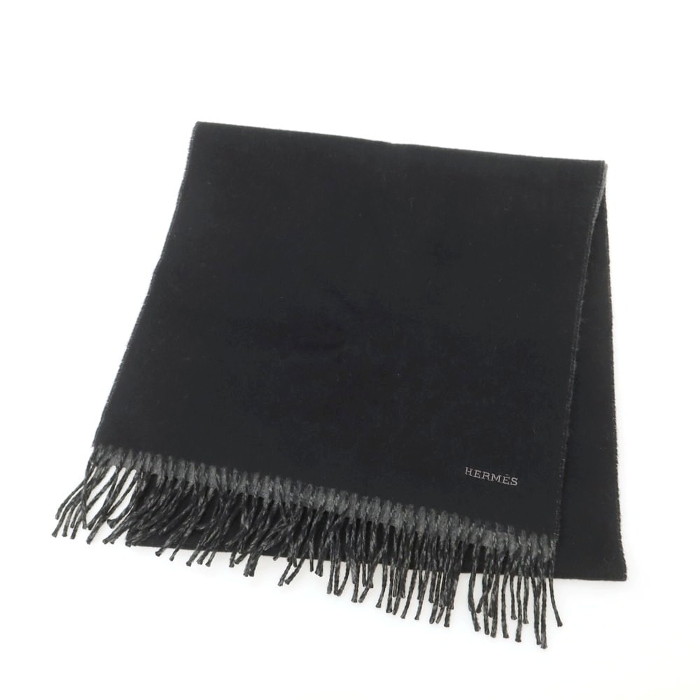 【中古】エルメス HERMES ウール マフラー ブラックxグレー【ユニセックス】