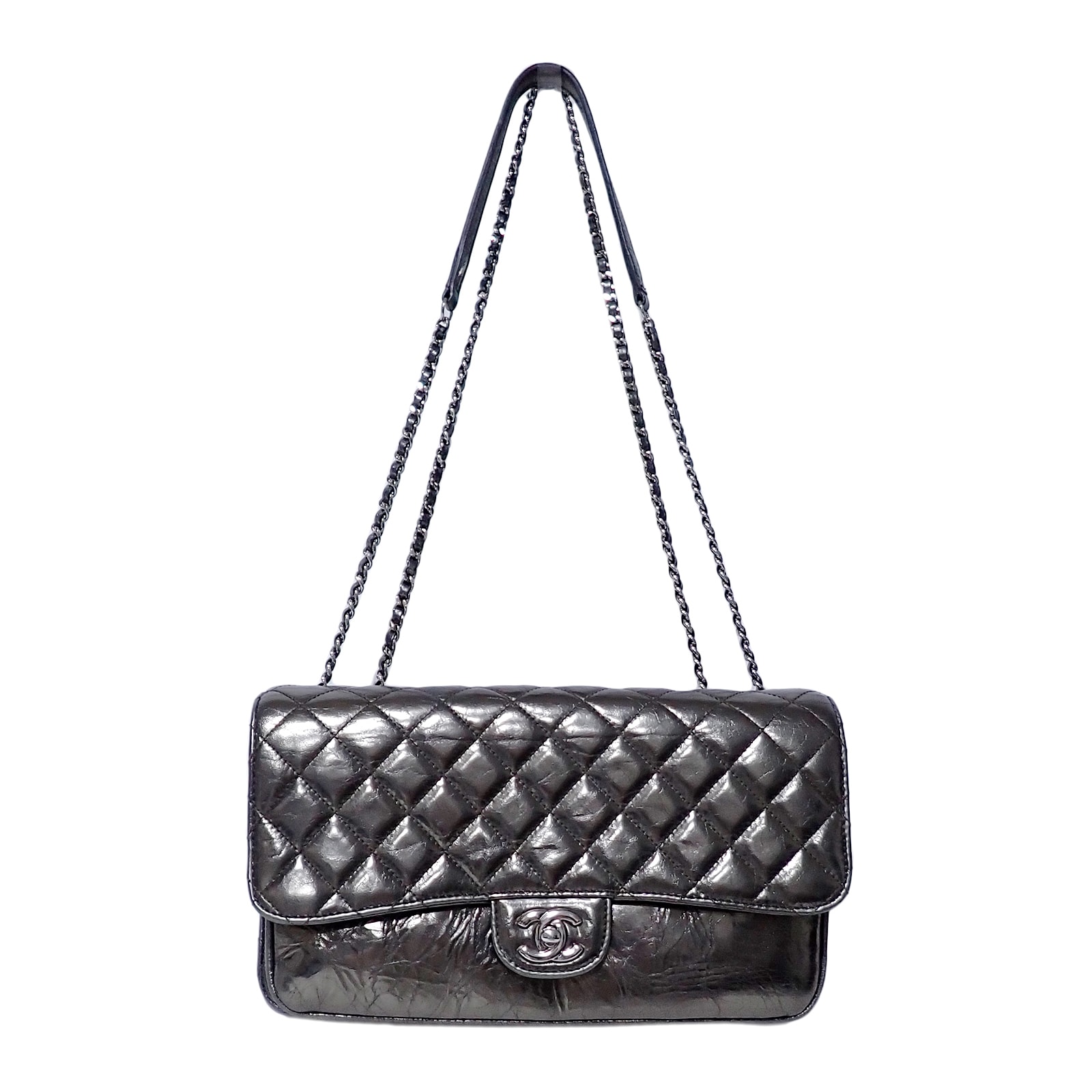 CHANEL シャネル マトラッセ パテントレザー Wチェーン メタリック カーキ シルバー金具 カーキ レディース ショルダーバッグ