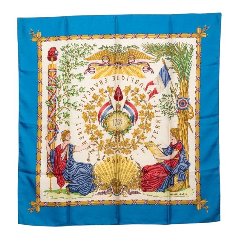 エルメス カレ90 1789 LIBERTE EGALITE FRATERNITE REPUBLIQUE FRANCAISE フランス革命 スカーフ 大判 ブルー マルチカラー シルク レディース HERMES 【中古】