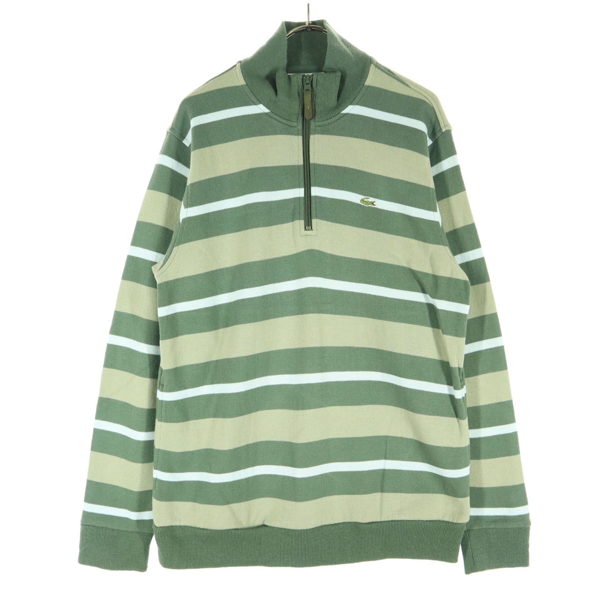 美品 LACOSTE ラコステ 日本製 ボーダー柄 長袖 ハーフジップ ニット 3 グリーン