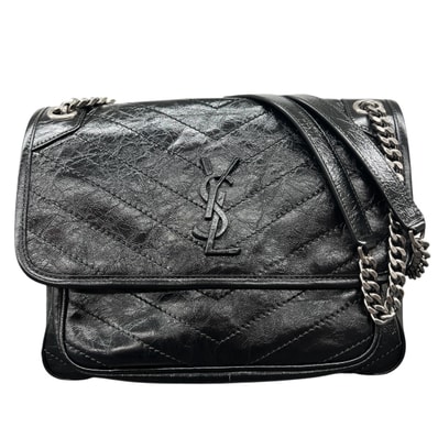 SAINT LAURENT 展示品級 サンローラン ニキ ミディアム チェーン ショルダーバッグ レザー ブラック メッセンジャーバッグ クロスボディ セミショルダー ワンショルダー SAランク 鑑定済 中古 サンローランバッグ【定価484,000円】