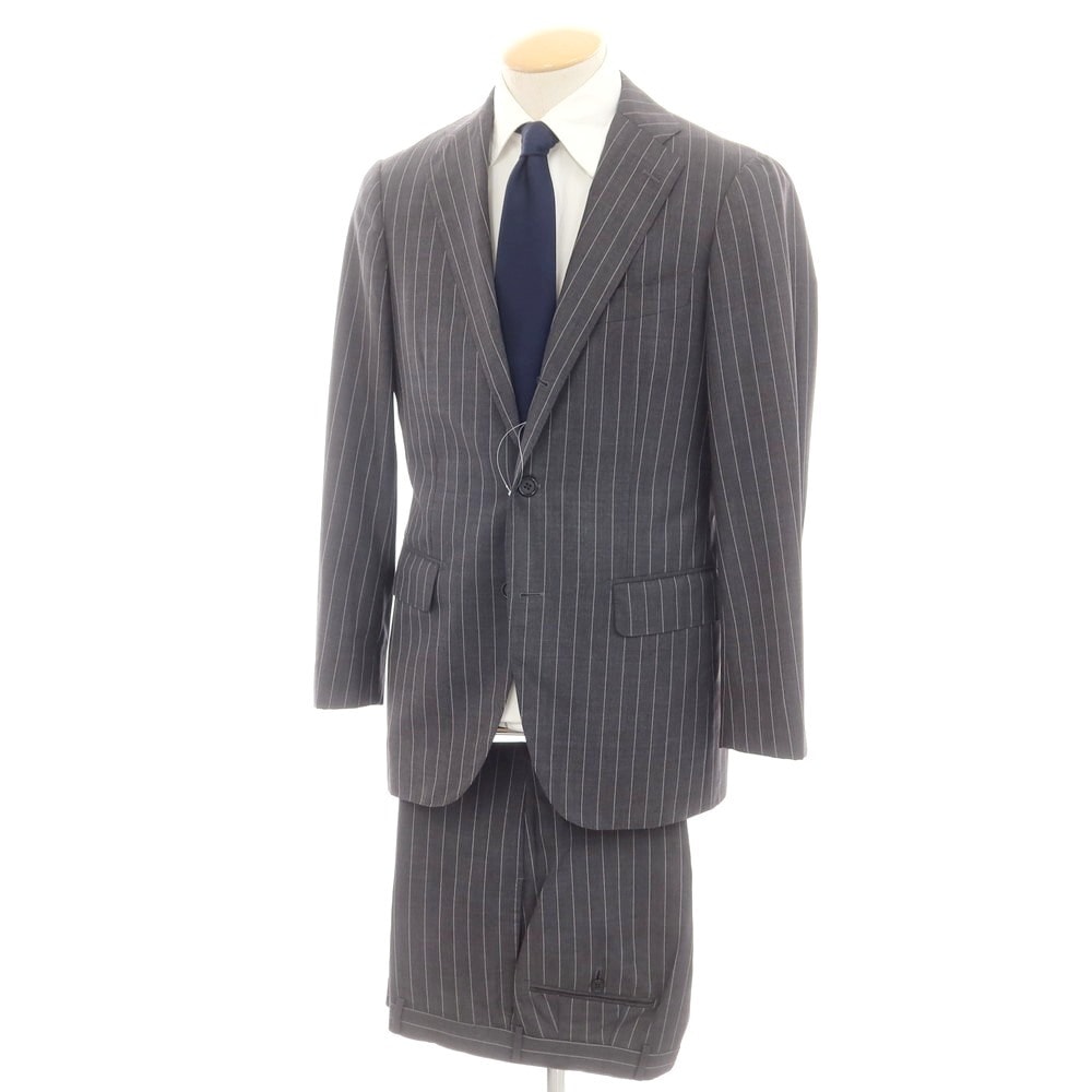 【中古】ビームスエフ BEAMS F Sartello by BEAMS ウール ストライプ 3つボタンスーツ ダークグレーxホワイト【サイズ44】【メンズ】