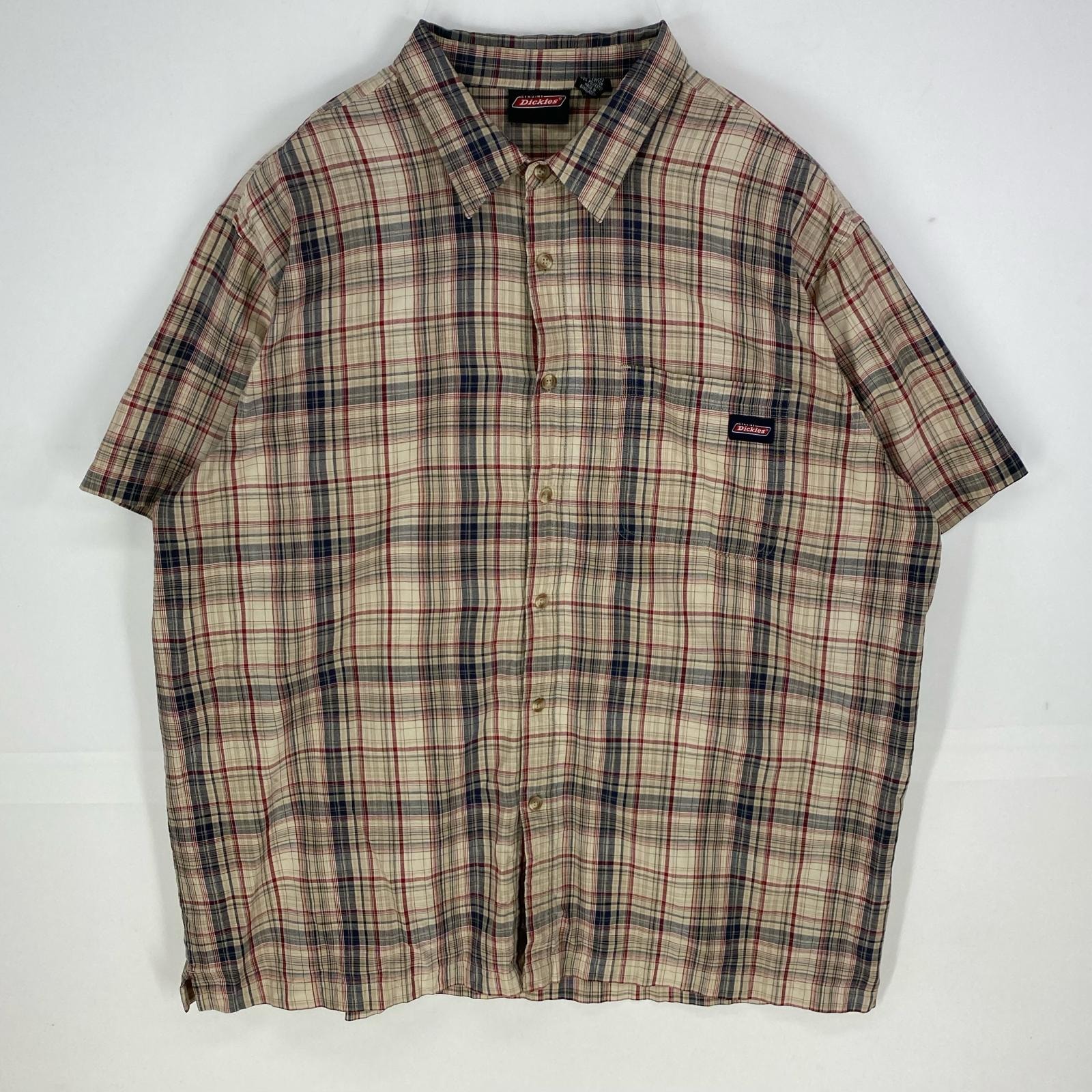 古着 ディッキーズ Dickies 半袖シャツ ワンポイントロゴ 大きいサイズ ショートスリーブ 2XL  ブラウン系 チェック メンズ