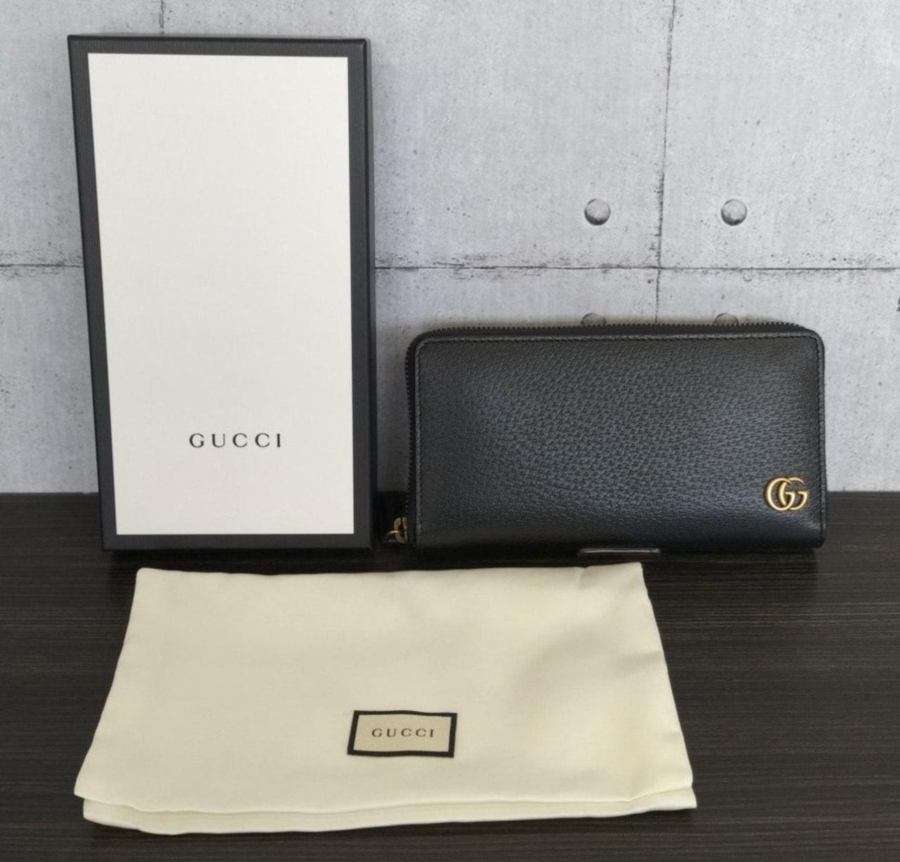 GUCCI GG Marmont Leather Zip Around Wallet "Black/Gold"