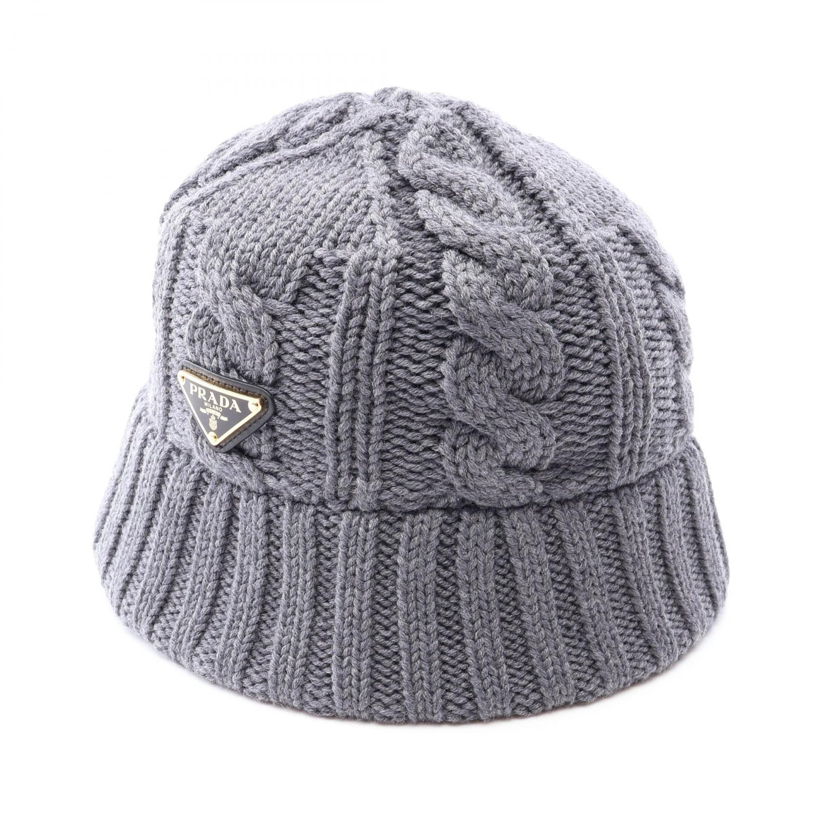プラダ PRADA 三角プレート ケーブルニット バケット ハット 帽子 ウール レディース グレー系 1HC338 【中古】