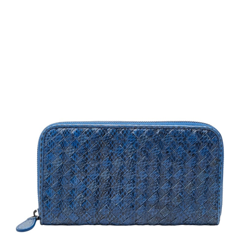 ボッテガヴェネタ イントレチャート ラウンドファスナー 長財布 ブルー パイソン メンズ BOTTEGAVENETA 【中古】