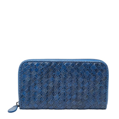 ボッテガヴェネタ イントレチャート ラウンドファスナー 長財布 ブルー パイソン メンズ BOTTEGAVENETA 【中古】