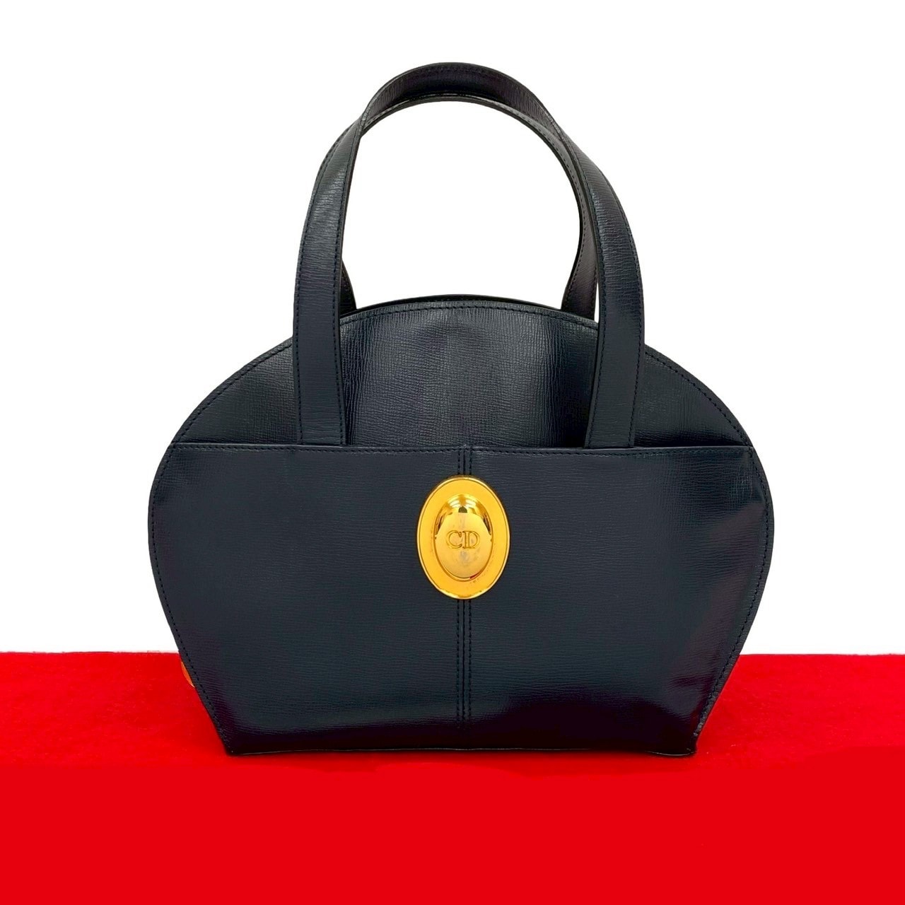 Christian Dior ディオール CD ロゴ 金具 レザー ハンドバッグ ネイビー
 31989