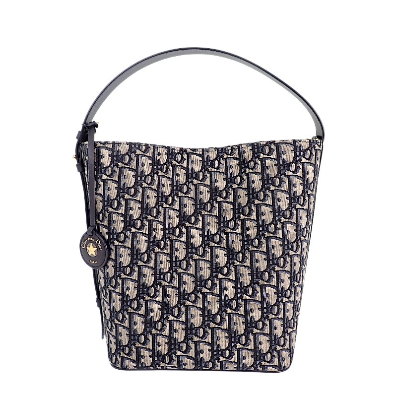 ディオール Dior Diorstar バケットバッグ スモール M2854UTZQ M928 ショルダーバッグ カーフ コットン ファブリック ネイビー ゴールド金具 レディース【中古】【Aランク】