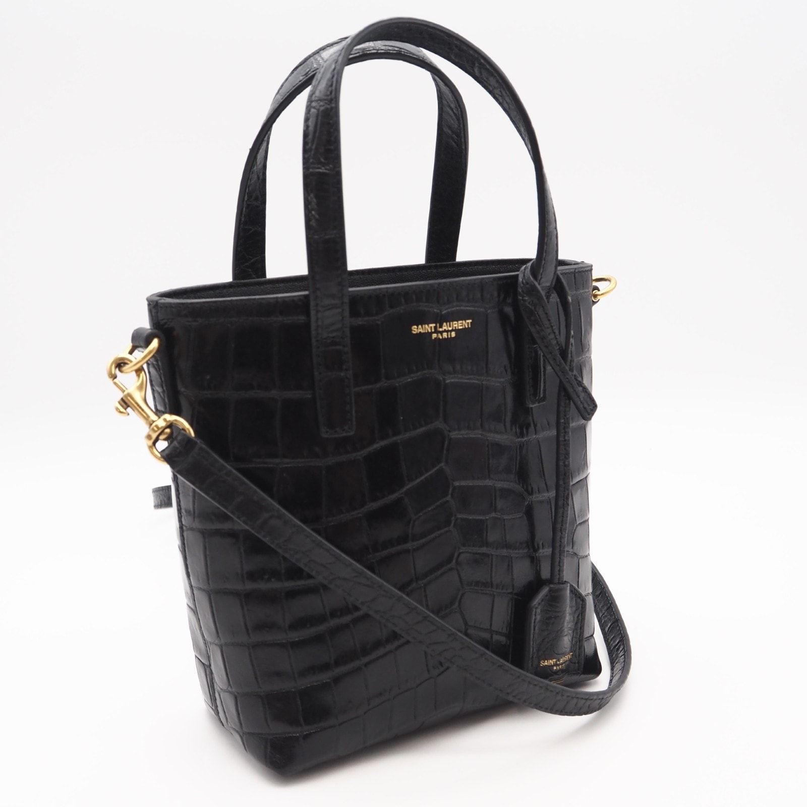 美品 SAINT LAURENT サンローラン クロコ型押し ミニ トイ ショッピング 712367 2wayハンドバッグ ブラック クロコダイル レザー レディース