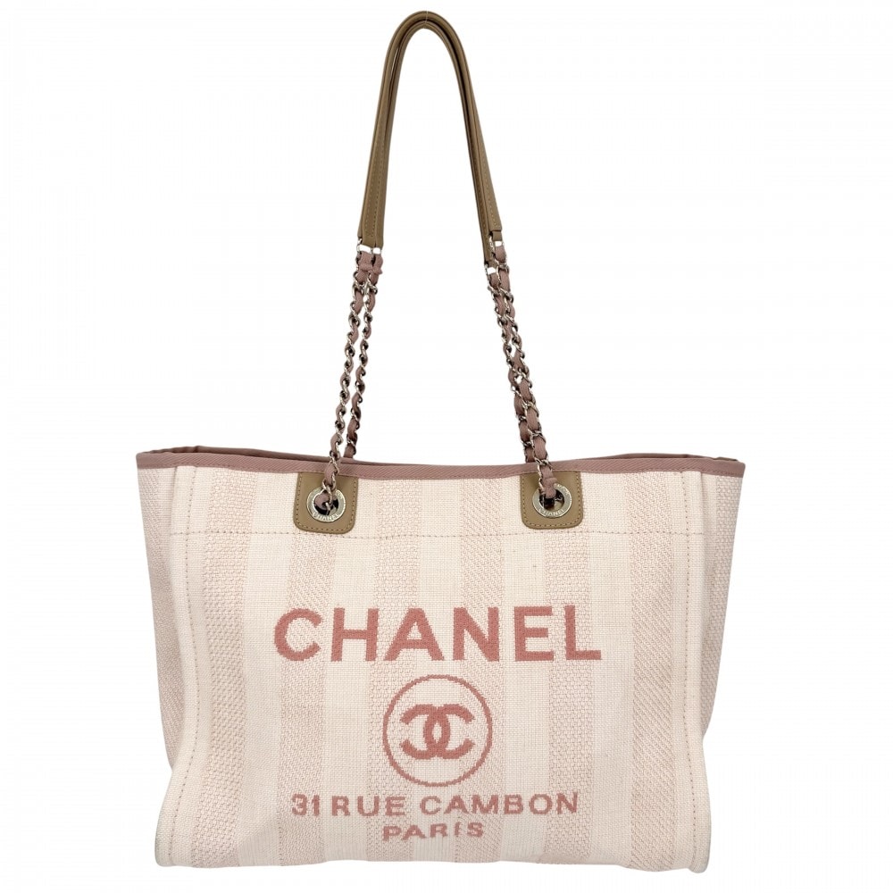 CHANEL シャネル ハンドバッグ ドーヴィルMM チェーントートバッグ ココマーク 肩掛け ストライプ ラフィア  レザー   ピンク ゴールド金具 レディース【中古品】