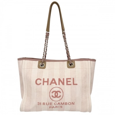 CHANEL シャネル ハンドバッグ ドーヴィルMM チェーントートバッグ ココマーク 肩掛け ストライプ ラフィア レザー ピンク ゴールド金具 レディース【中古品】