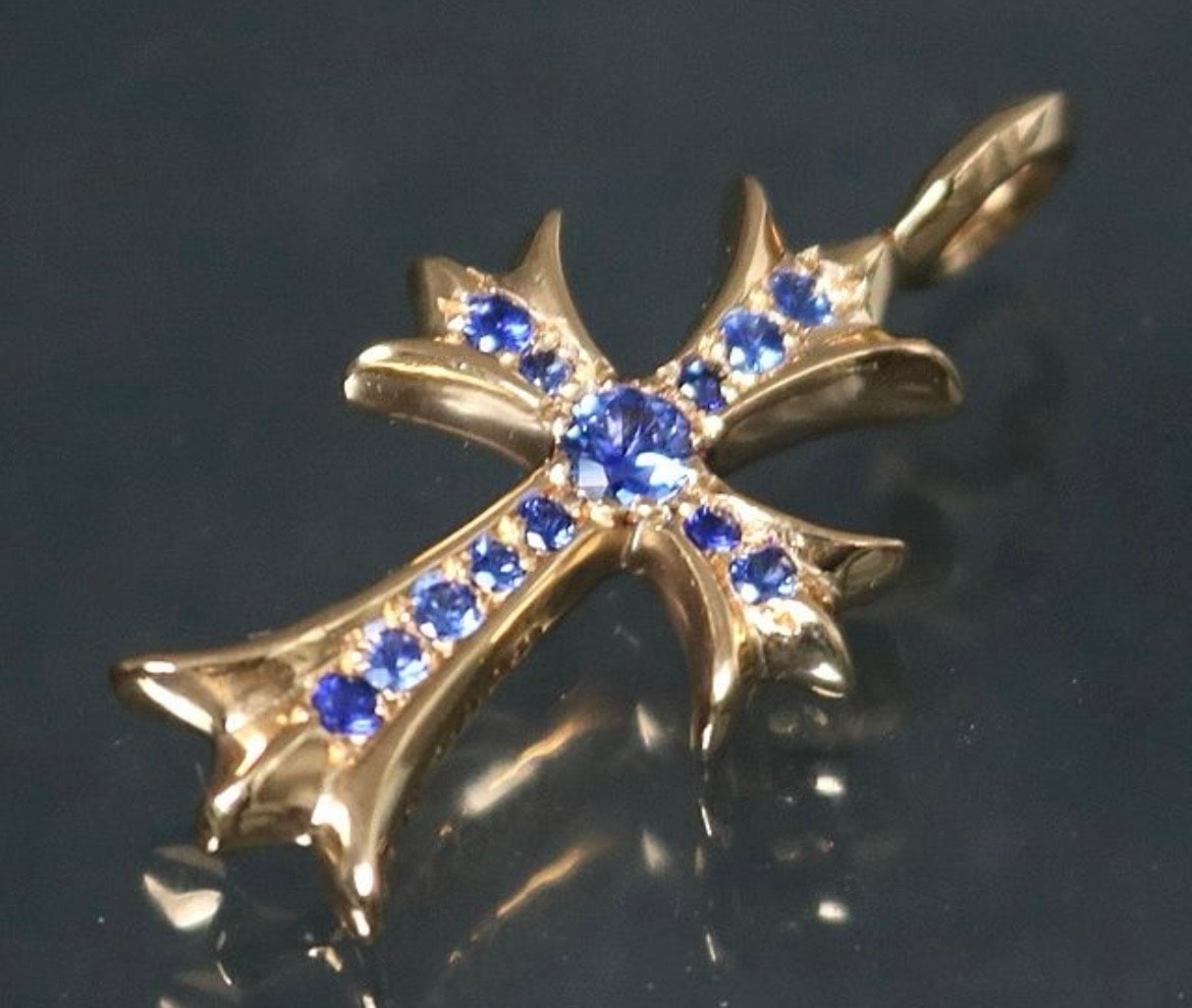 Chrome Hearts 22K Tiny Fat Cross Pave Sapphire Pendant Necklace Top "Yellow Gold/Blue"