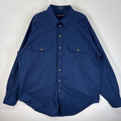 古着 90's/90年代 ノーティカ NAUTICA 長袖シャツ ロゴ 刺繍 大きいサイズ フラップポケ 17-36 XL ブルー系 無地 メンズ