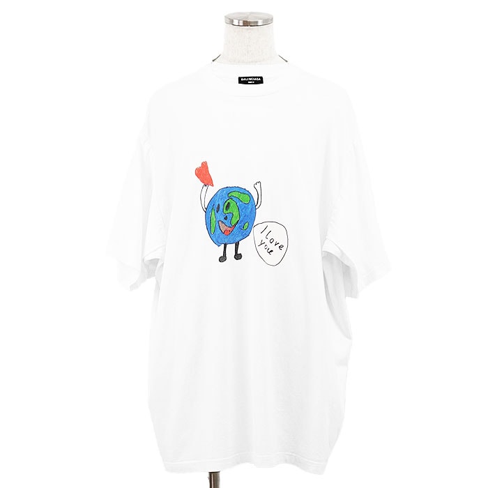 バレンシアガ 2020年製 Iloveyou 地球 Tシャツ プリント オーバーサイズ ダブルスリーブ 半袖Tシャツ メンズ ホワイト S BALENCIAGA