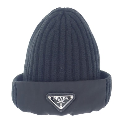 プラダ PRADA シェーカー ギャバジンxウール M UMD446_1WTO_F0002_S_202 ニットキャップ ウール ナイロン ブラック メンズ【中古】【ABランク】