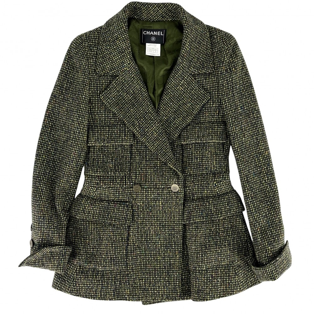 CHANEL シャネル アウター ツイード ジャケット アパレル 服 38 グリーン 緑 ゴールド金具 ウール シルク レディース 秋 冬【中古品】