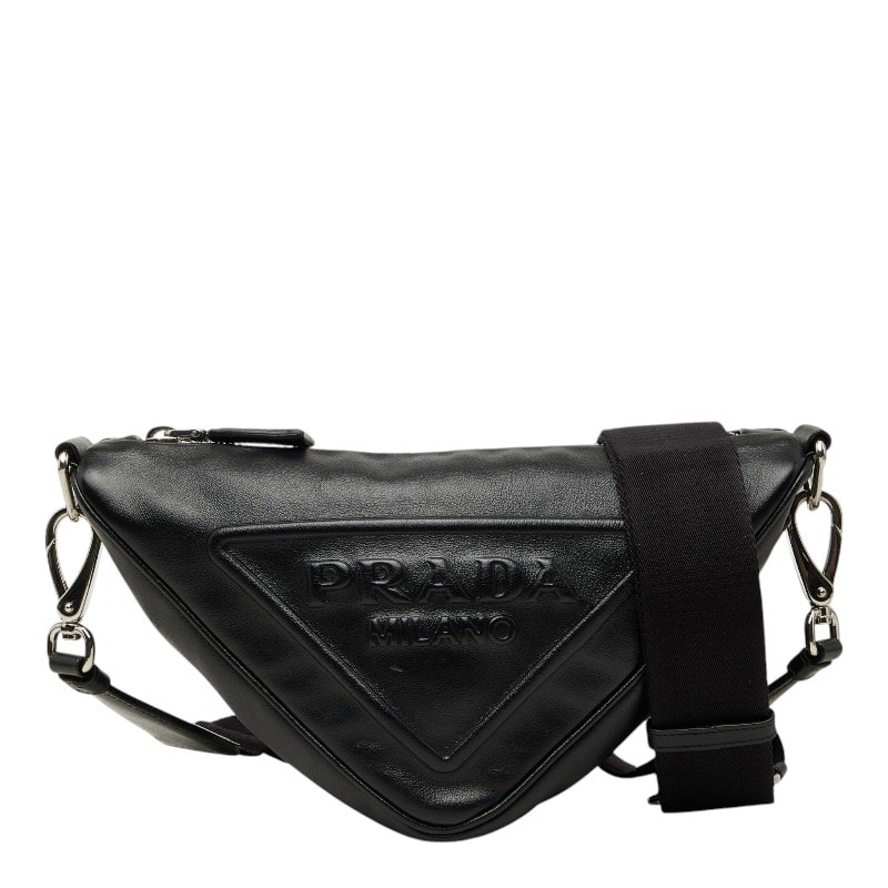 プラダ 三角ロゴプレート 斜め掛け ショルダーバッグ ブラック レザー レディース PRADA 【中古】