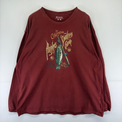 古着 コロンビア Columbia 長袖Tシャツ トレーナー クルーネック 釣り プルオーバー 両面プリント 3XB ブラウン メンズ