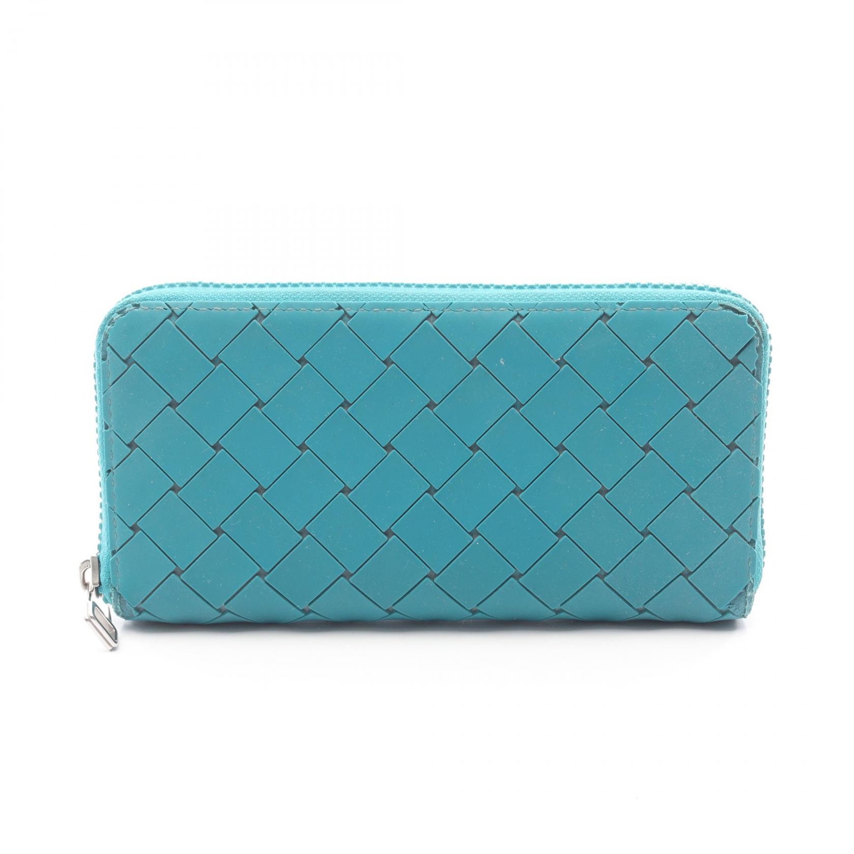 ボッテガヴェネタ BOTTEGA VENETA イントレチャート ラウンド長財布 財布 ラバー メンズ グリーン系 【中古】