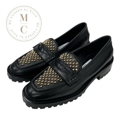 ジミーチュウ JIMMY CHOO DEANNA ローファー 革靴 靴 シューズ レザー ブラック ゴールド スタッズ フラットシューズ