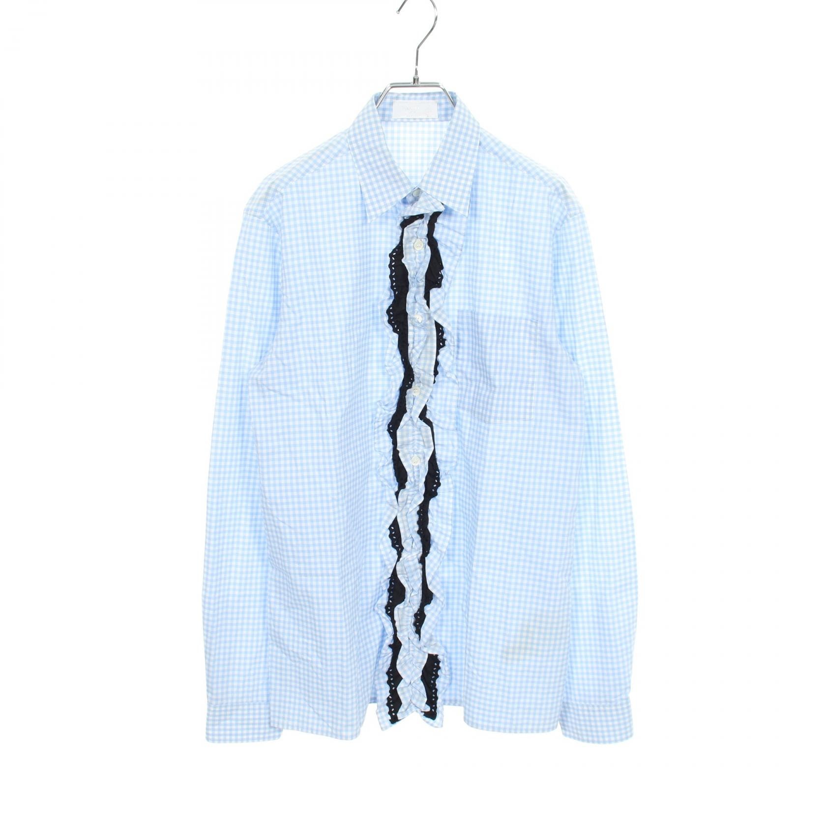 プラダ PRADA ギンガムチェック フリル 長袖 衣料品 トップス コットン レディース ブルー系 【中古】