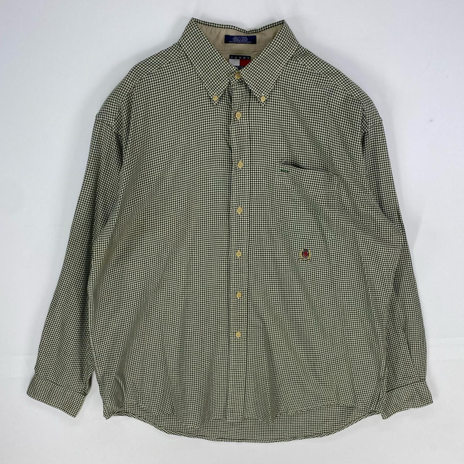古着 90's/90年代 トミーヒルフィガー TOMMY HILFIGER 長袖シャツ 胸ポケット ボタンダウン XL  グリーン系 チェック メンズ