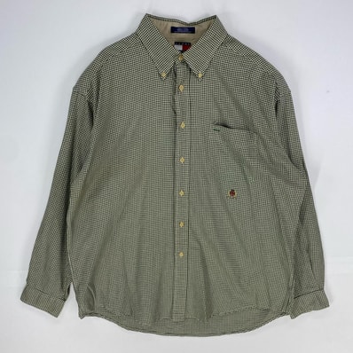 古着 90's/90年代 トミーヒルフィガー TOMMY HILFIGER 長袖シャツ 胸ポケット ボタンダウン XL グリーン系 チェック メンズ