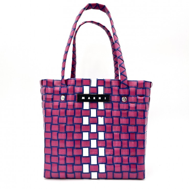 MARNI(マルニ)マイクロ バスケットバッグ トートバッグ ハンドバッグ ピンク ブルー チェック編み キッズライン レディース【中古】