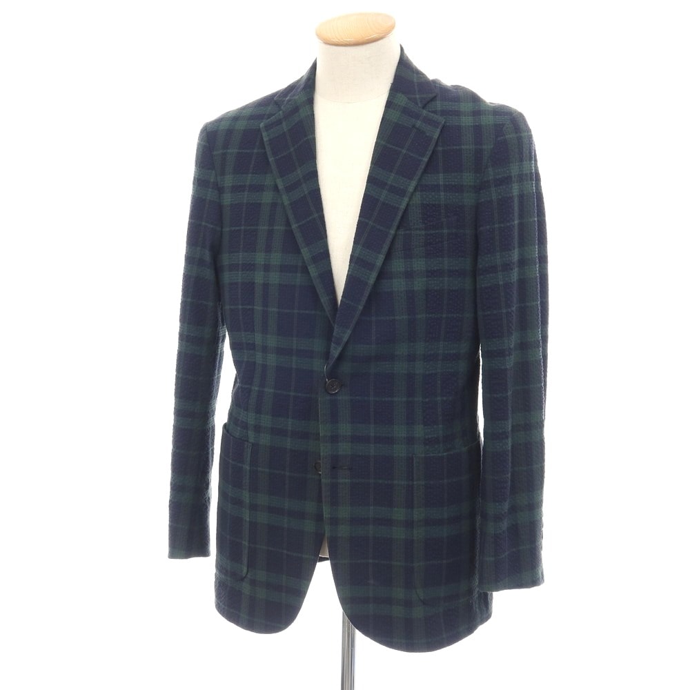 【中古】ブルックスブラザーズ Brooks Brothers ストレッチ コットンナイロン シアサッカー チェック 2B テーラードジャケット ネイビーxグリーン【サイズ36】【メンズ】