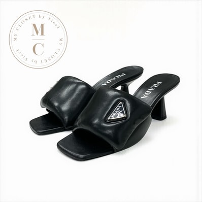 プラダ PRADA サンダル 靴 シューズ レザー ブラック 黒 シルバー ミュール トライアングルロゴ パデッドナッパ