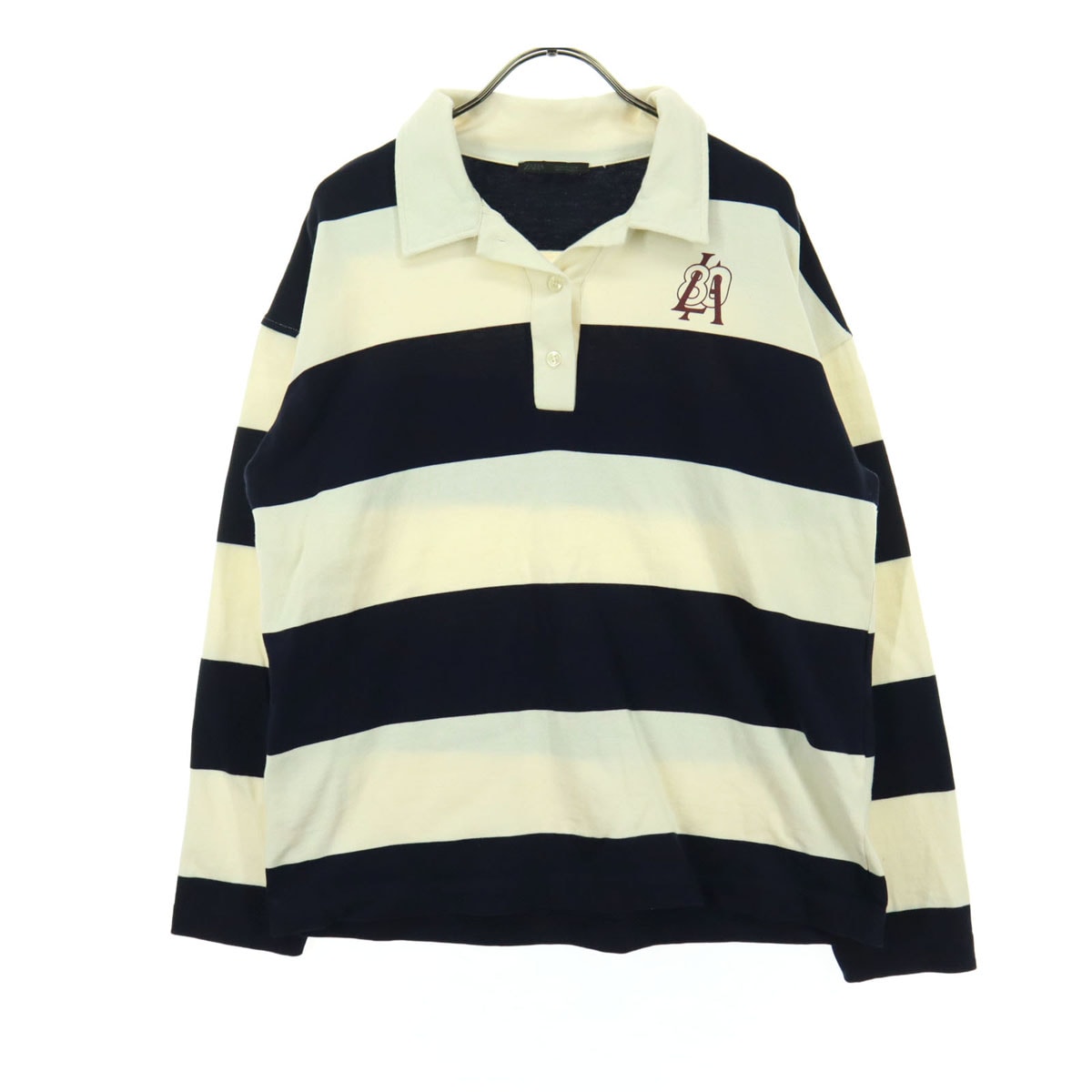 美品 ZARA ザラ バイカラー ワンポイントロゴ ボーダー柄 長袖 ラガーシャツ S ネイビー系