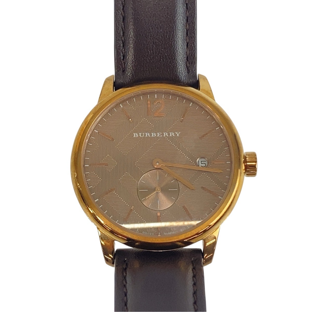 美品 BURBERRY バーバリー ザ・クラシック チェック柄 ブラウン ローズゴールド金具 ステンレススチール レザー/ サファイアクリスタル/ 腕時計 50M/165FEET刻印 クオーツ ダークブラウン文字盤 1-0289041 【中古】