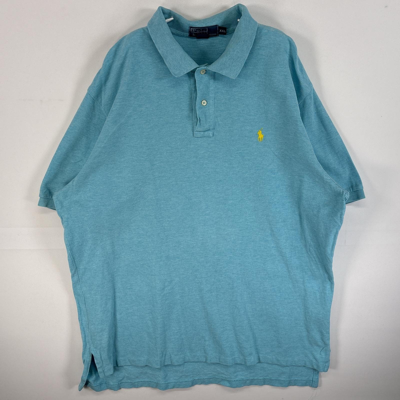 古着 90's/90年代 ラルフローレン RALPH LAUREN 鹿の子 半袖 ポロシャツ ワンポイント ロゴ 刺繍 大きいサイズ 2ボタン 14041  水色 無地 メンズ