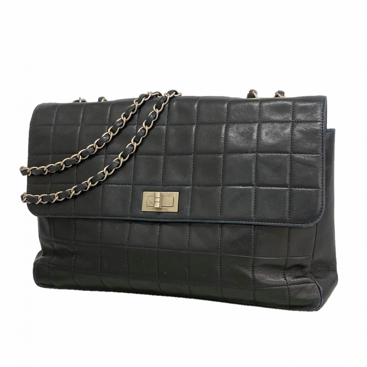 【6ee5853】シャネル ショルダーバッグ 2.55/チョコバー Wチェーン ラムスキン ブラック シルバー金具【中古】レディース