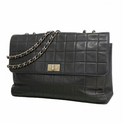 【6ee5853】シャネル ショルダーバッグ 2.55/チョコバー Wチェーン ラムスキン ブラック シルバー金具【中古】レディース